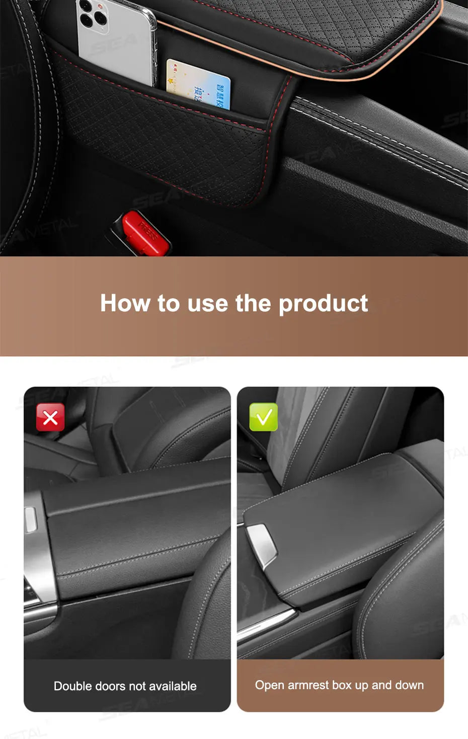 SEAMETAL Car Arm Rest Cover Cushion Wear-Resistant Center Console Box Protector Anti Slip Armrest Box Pad with Storage Pocket