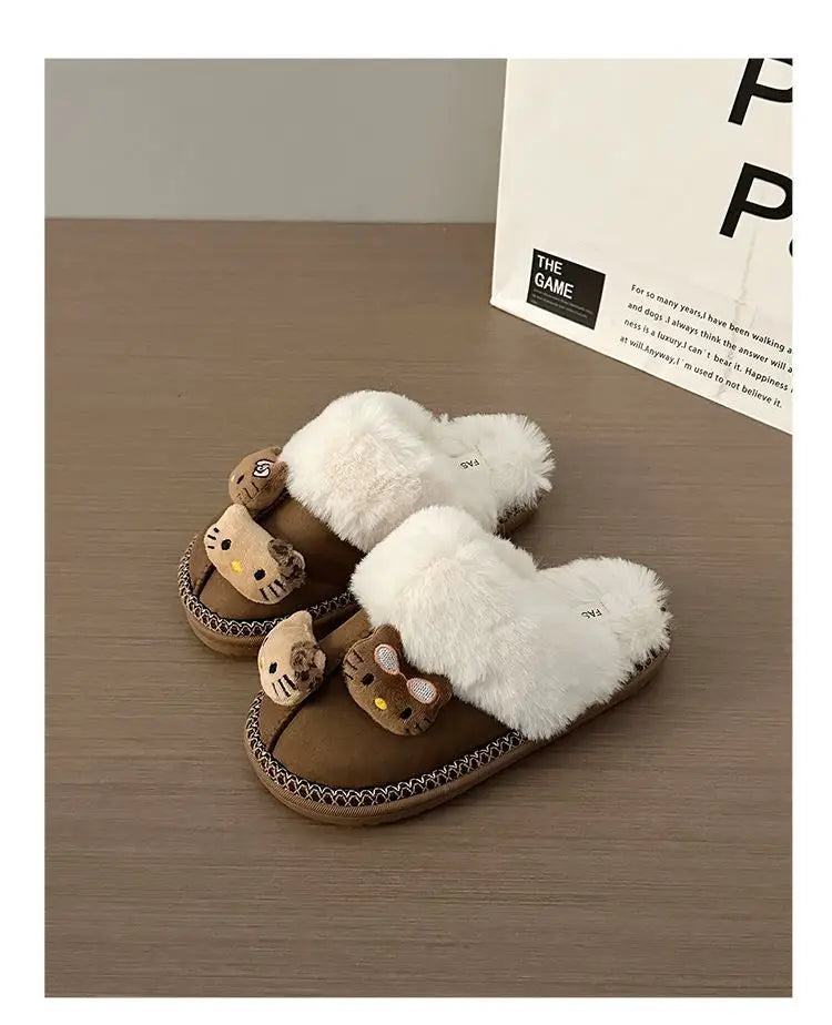 Pantuflas de invierno Sanrio Hello Kitty con bonitos dibujos animados, cálidas y cómodas, estilo Kawaii Y2k, antideslizantes, planas, para exteriores, para mujer