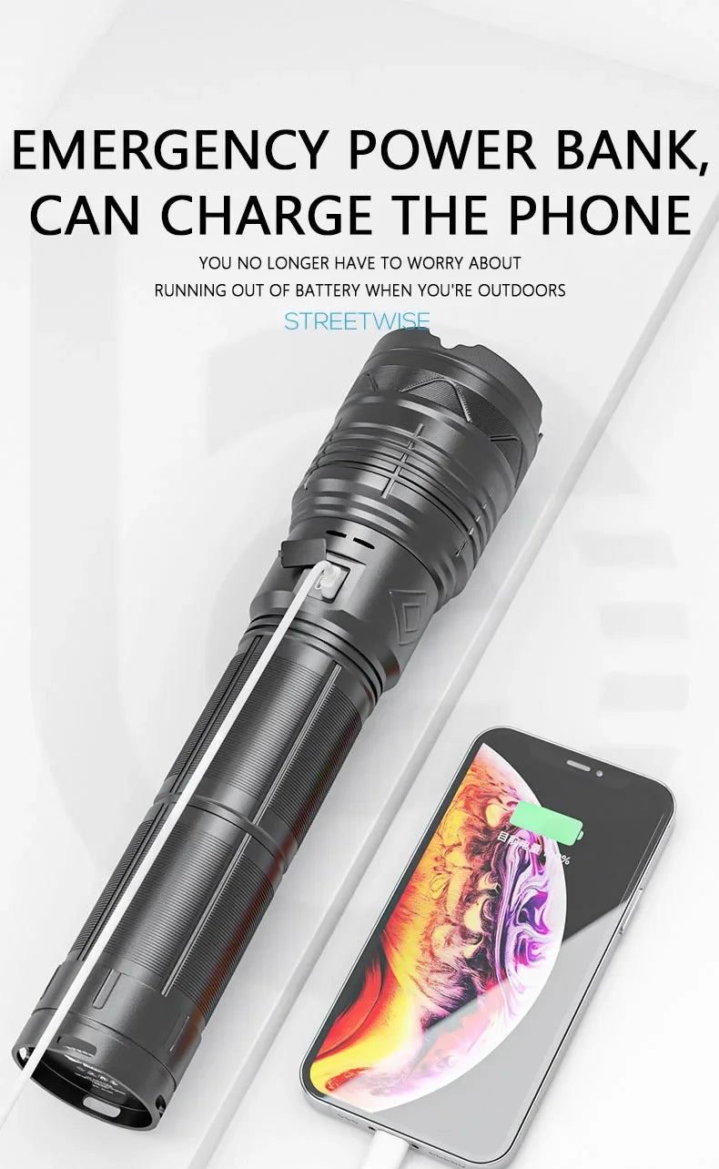 20000LM Super Bright Tactical Flashlight 100W GT60 Long Range Powerful LED Torch USB Rechargeable Using 4 181350A Batteries