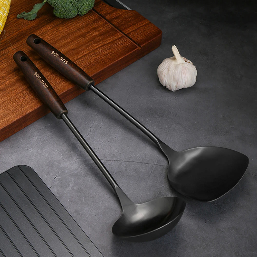 304 Stainless Steel Wooden Spatula Cooking Utensils Home Cooking Accessories Slotted Spoon Metal Gadjets For Kitchen Essentials