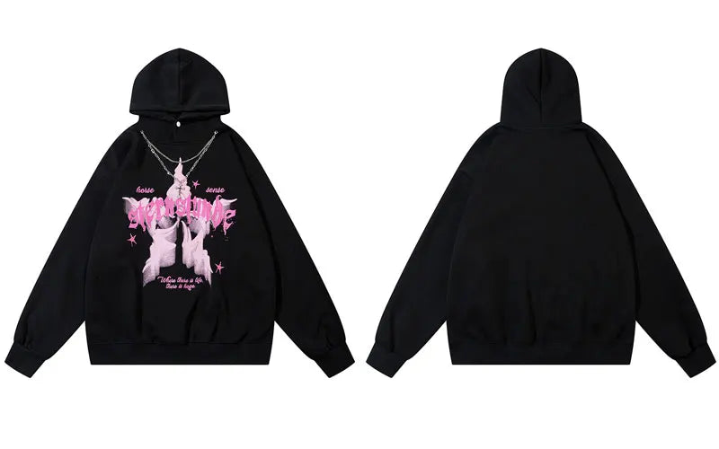 Oversized Hoodie Grunge Vintage Star Graphic Printed Hooded Sweatshirt with Chain Hip Hop Punk Gothic Baggy Pullover Streetwear