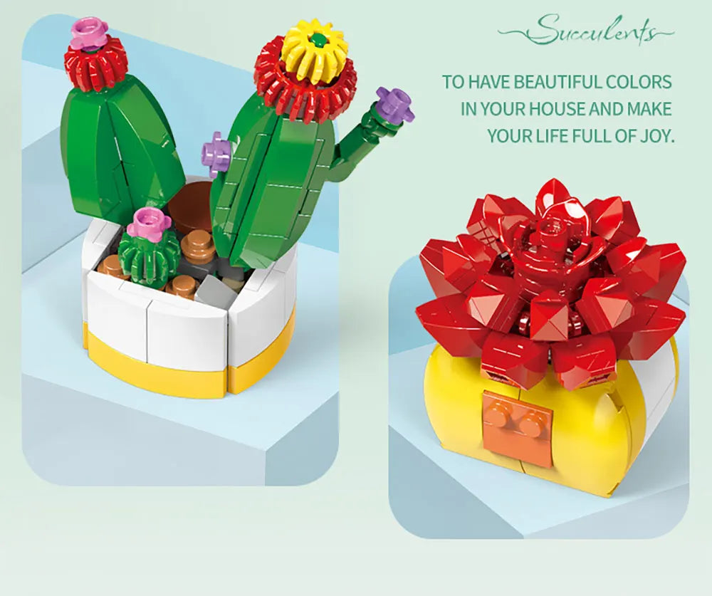 Simulation Succulents Flowers Bricks Plants Bonsai Cactus Aloe Vera DIY Assembled Toy Building Blocks Creative Kids Toys Gift