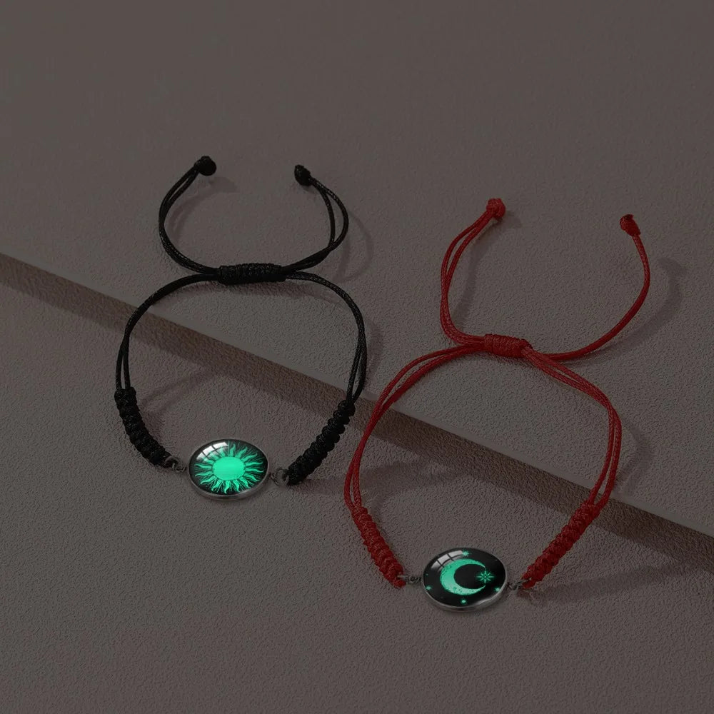 2Pcs Romantic Couple Bracelet Stainless Steel New Sun and Moon Lovers Charm Bracelet Glow in The Dark Adjustable Woven Bracelet