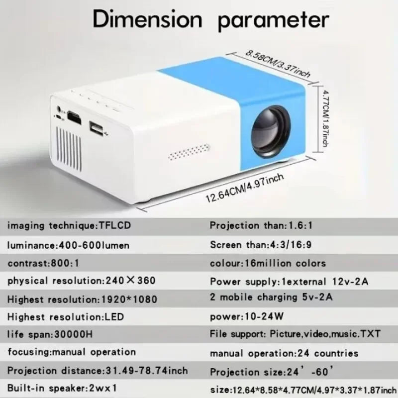 Miniproyector LED YG300 HD 320x240p compatible con HDMI, USB, TF, reproductor multimedia de audio para el hogar, proyector inteligente portátil para viajes