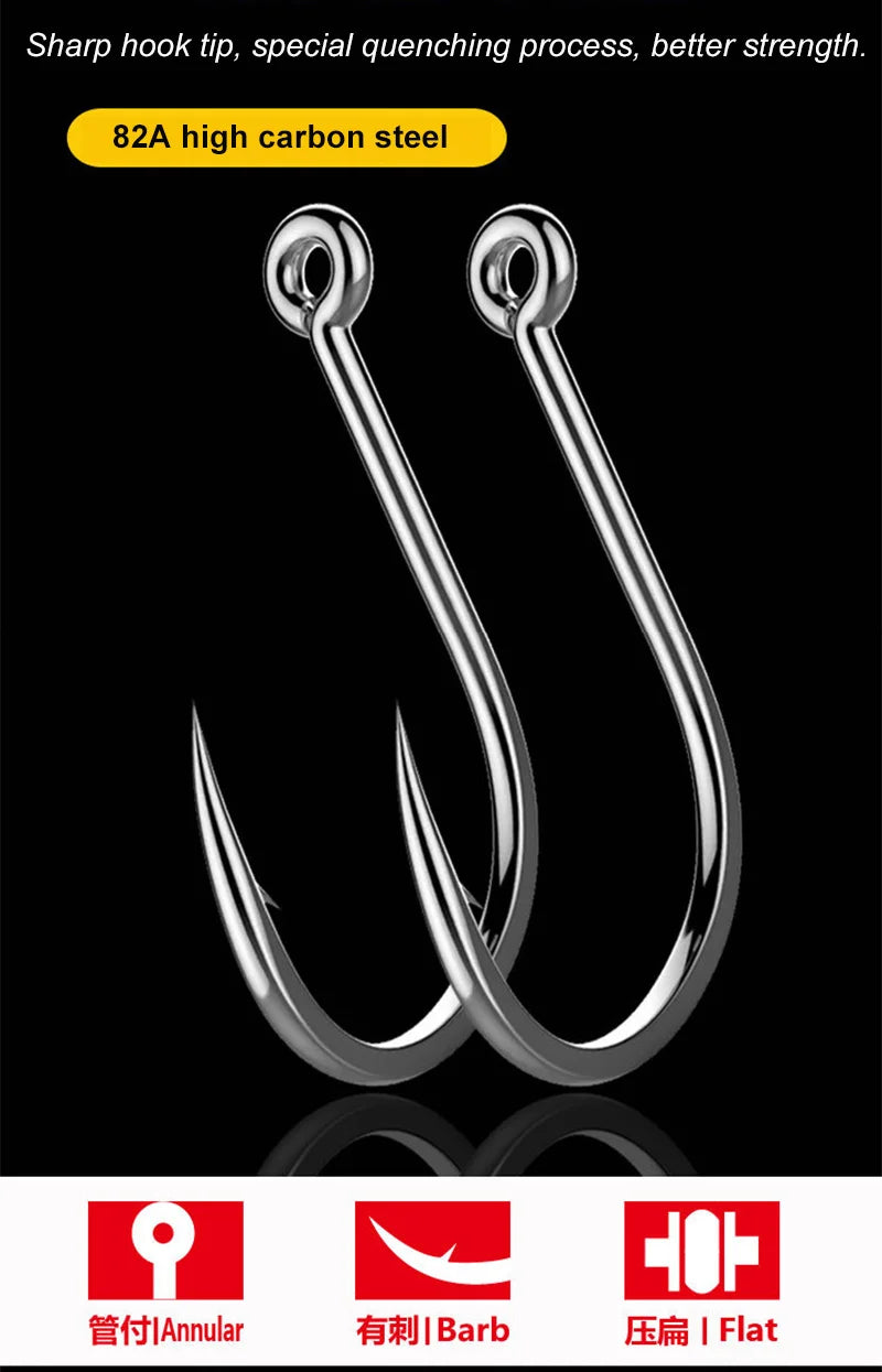50pcs/Pack Big Eye Fishing Hook Circle Offset Fishhooks Barbed Saltwater High Carbon Steel Fish Hooks For Sea Lake River Fishing