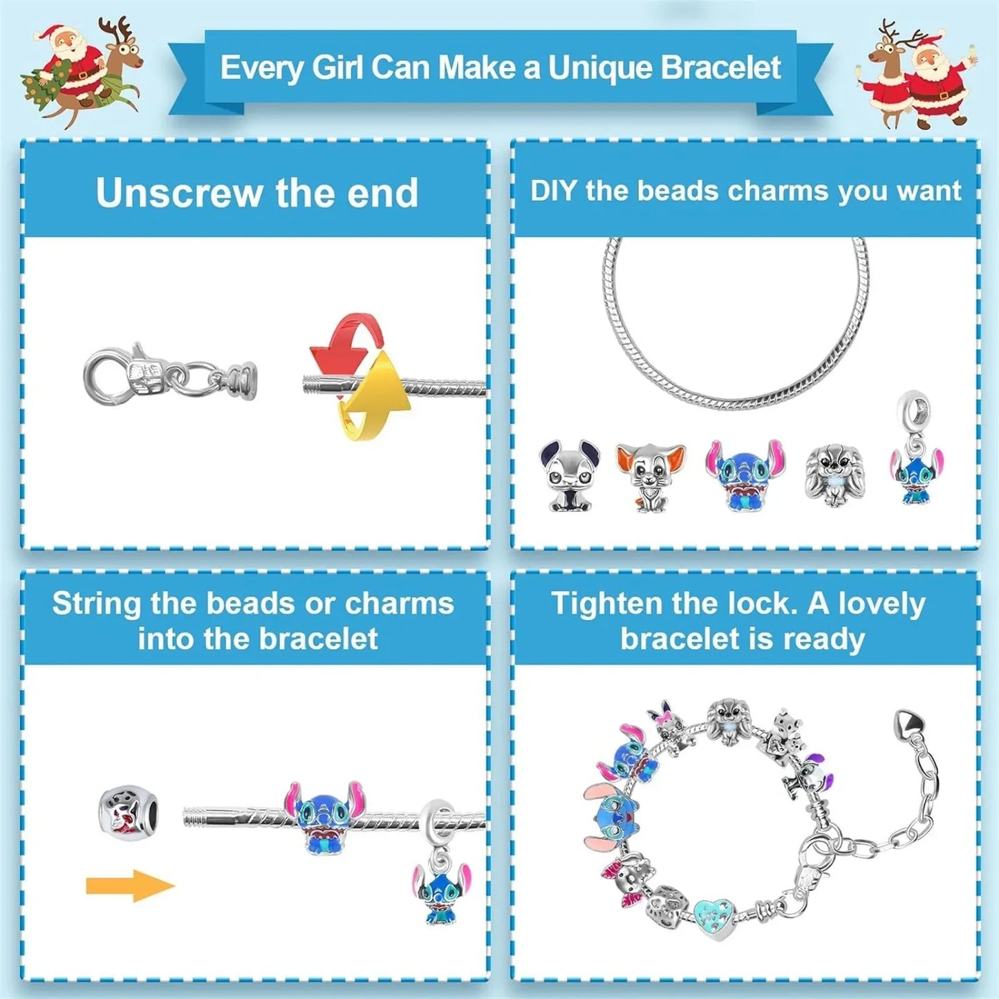 2024 Disney Christmas Angel Comes Jewelry Gift Box Anime Stitch Winnie The Pooh Mickey Kawaii DIY Beaded Bracelet Christmas Gift