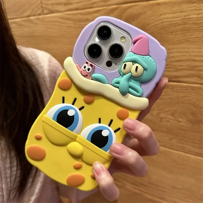 3D Cartoon Cute SpongeBobs SquarePants Patricks Stars Phone Case For IPhone 15 14 13 12 11 Pro Max Soft Silicone Back Cover Gift