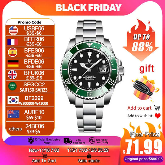 PAGANI DESIGN PD1661 Water Ghost Watch 40MM Luxury Automatic Mechanical Watches NH35 Auto Date Sport Dive BGW-9 Watch For Men