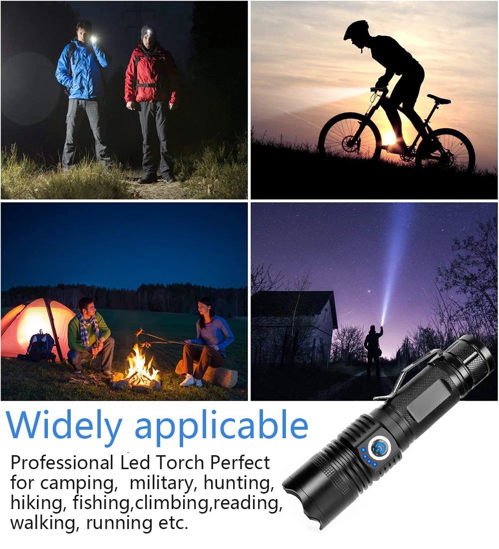 Powerful Zoom Torch Super Bright LED Flashlight USB Rechargeable Strong Light Lantern With Metal Clip 6 Modes Waterproof Lamp