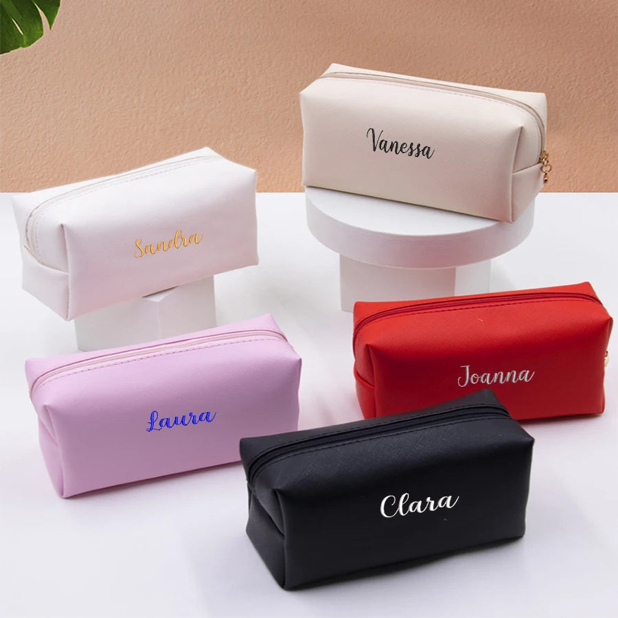 Personalized Embroidery Small Makeup Bag PU Leather Travel Cosmetic Pouch Toiletry Bag for Women Portable Water-Resistant