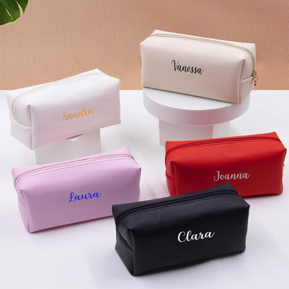 Personalized Embroidery Small Makeup Bag PU Leather Travel Cosmetic Pouch Toiletry Bag for Women Portable Water-Resistant