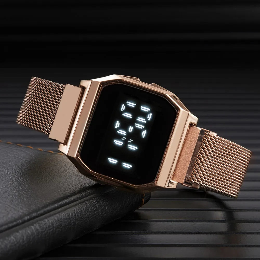 Simple Square LED Watch for Men Women Luxury Gold Men's Digital Watch Metal Mesh Strap Fashion Mens Electronic Watch Male Clock