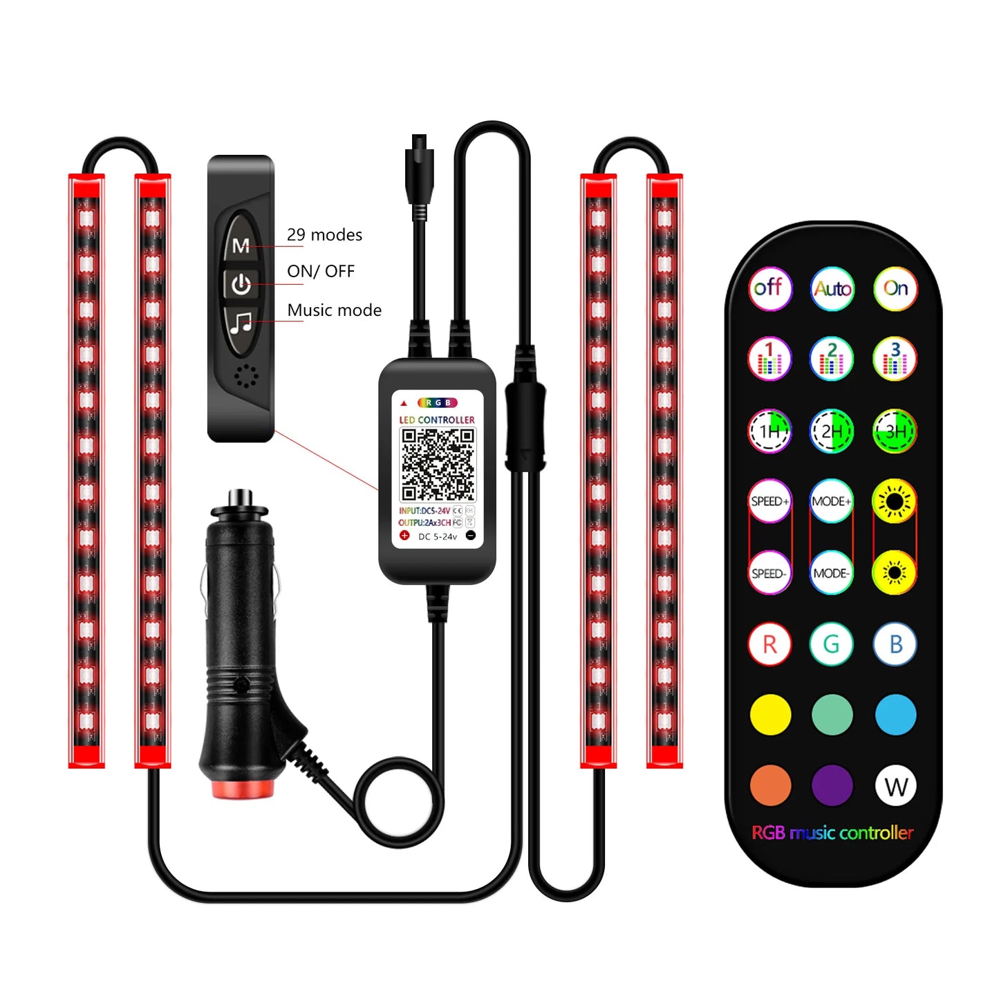 Car Foot Ambient Light RGB LED Car Interior Lights USB Cigarette  Lighter Backlight Music Control Wireless App Atmosphere Lights