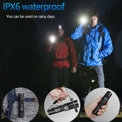 Powerful Zoom Torch Super Bright LED Flashlight USB Rechargeable Strong Light Lantern With Metal Clip 6 Modes Waterproof Lamp