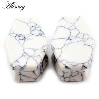 Alisouy 2pcs Women Hexagon Coffin Natural Stones Ear Tunnels Plug Flesh Expander Stretcher Gauges Earrings Body Piercing Jewelry