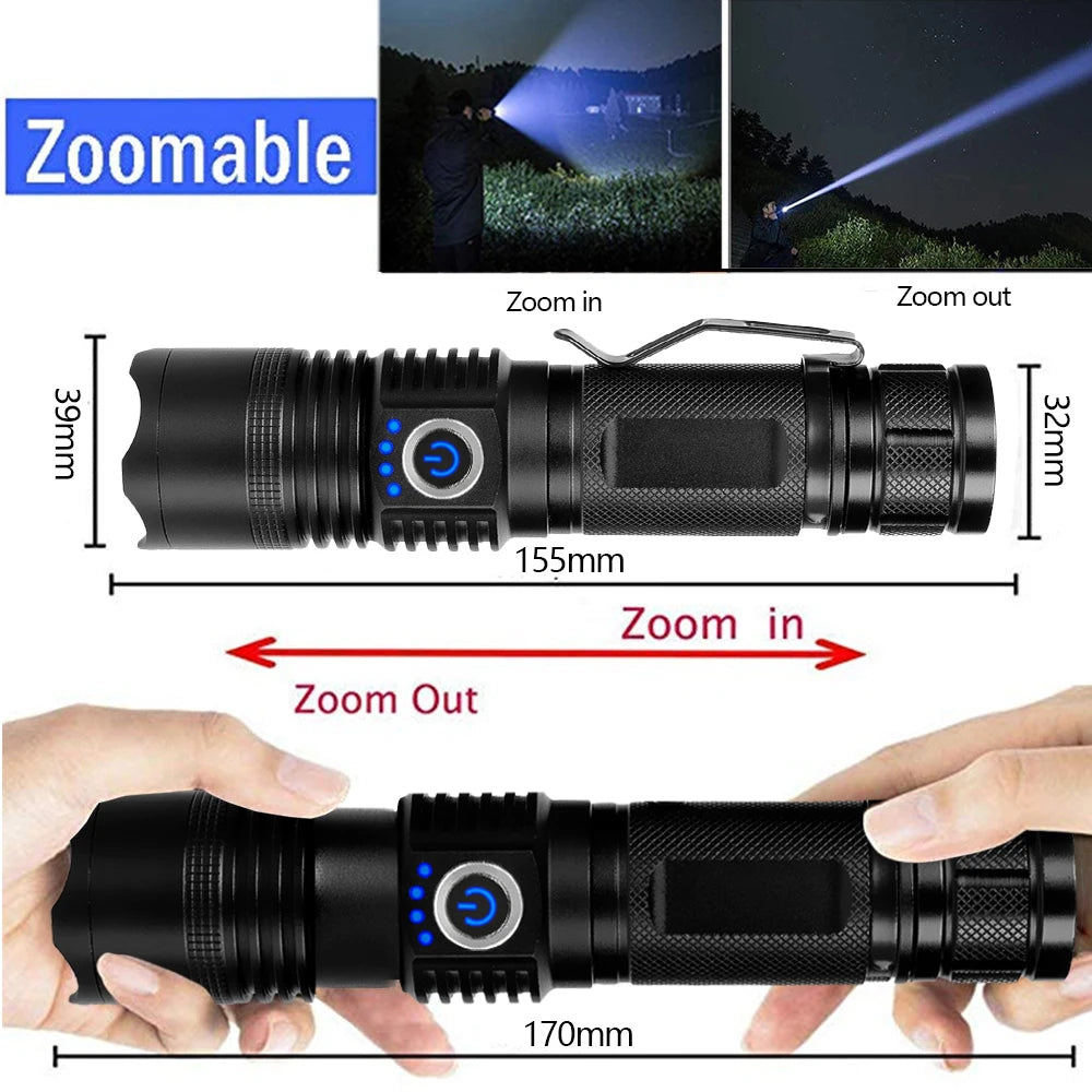 Powerful Zoom Torch Super Bright LED Flashlight USB Rechargeable Strong Light Lantern With Metal Clip 6 Modes Waterproof Lamp