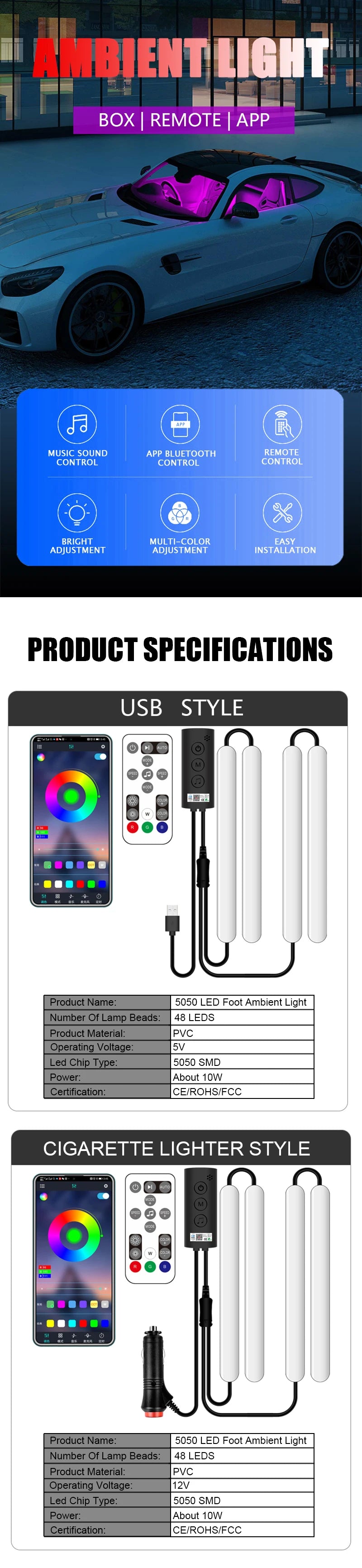 48 LED Remote App Control Light Strip DIY Mode and Music Sync Under Dash Lighting With USB Car Charger DC12V Interior Lights