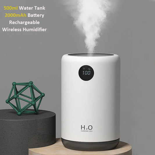 Humidificador de aire ultrasónico inalámbrico, 500 ml, 2000 mAh, portátil, difusor de niebla aromática, batería de larga duración, humidificador de aromaterapia