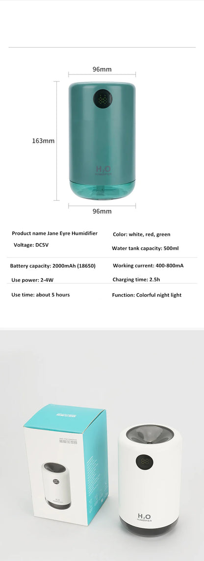 Humidificador de aire ultrasónico inalámbrico, 500 ml, 2000 mAh, portátil, difusor de niebla aromática, batería de larga duración, humidificador de aromaterapia