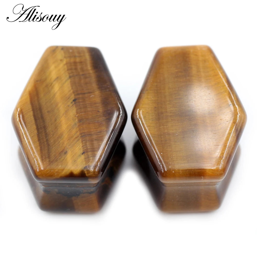 Alisouy 2pcs Women Hexagon Coffin Natural Stones Ear Tunnels Plug Flesh Expander Stretcher Gauges Earrings Body Piercing Jewelry