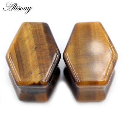 Alisouy 2pcs Women Hexagon Coffin Natural Stones Ear Tunnels Plug Flesh Expander Stretcher Gauges Earrings Body Piercing Jewelry