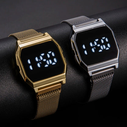Simple Square LED Watch for Men Women Luxury Gold Men's Digital Watch Metal Mesh Strap Fashion Mens Electronic Watch Male Clock