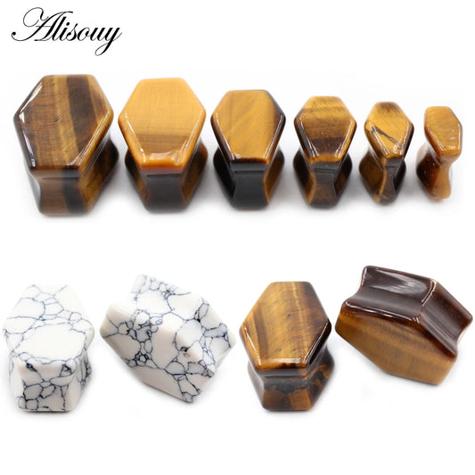 Alisouy 2pcs Women Hexagon Coffin Natural Stones Ear Tunnels Plug Flesh Expander Stretcher Gauges Earrings Body Piercing Jewelry