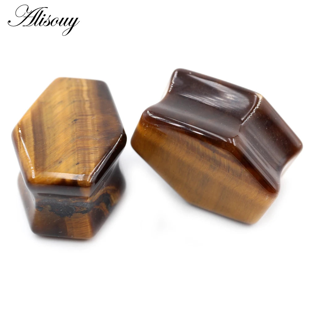 Alisouy 2pcs Women Hexagon Coffin Natural Stones Ear Tunnels Plug Flesh Expander Stretcher Gauges Earrings Body Piercing Jewelry