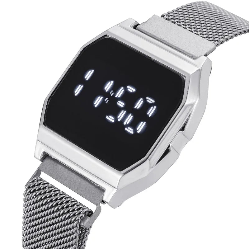Simple Square LED Watch for Men Women Luxury Gold Men's Digital Watch Metal Mesh Strap Fashion Mens Electronic Watch Male Clock
