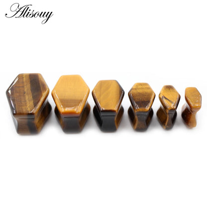Alisouy 2pcs Women Hexagon Coffin Natural Stones Ear Tunnels Plug Flesh Expander Stretcher Gauges Earrings Body Piercing Jewelry