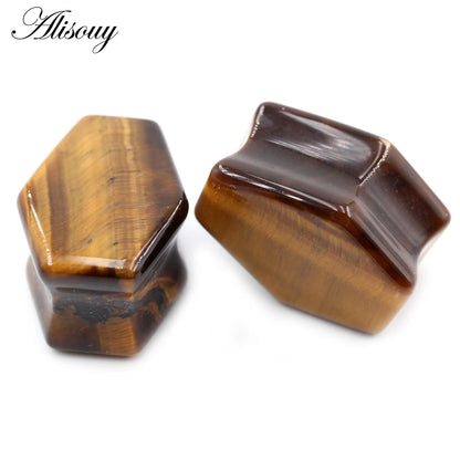 Alisouy 2pcs Women Hexagon Coffin Natural Stones Ear Tunnels Plug Flesh Expander Stretcher Gauges Earrings Body Piercing Jewelry