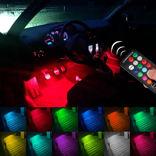 Auto Ambient Light Lamp LED Wireless Remote Car Interior Atmosphere Light 2 PCS RGB Charging Foot Light LED Car Decorative Lamp