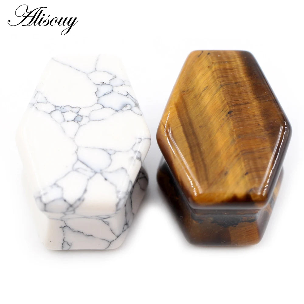 Alisouy 2pcs Women Hexagon Coffin Natural Stones Ear Tunnels Plug Flesh Expander Stretcher Gauges Earrings Body Piercing Jewelry