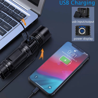 Powerful Zoom Torch Super Bright LED Flashlight USB Rechargeable Strong Light Lantern With Metal Clip 6 Modes Waterproof Lamp