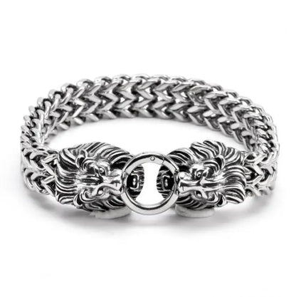 Stainless Steel Nordic Double Wolf Head Bracelet Men\\\'s Retro Punk Mesh Chain Animal Bracelet Hip Hop Rock Trend Jewelry