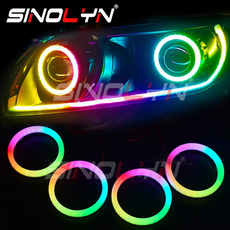 Sinolyn RGB Revolving Dynamic Cotton Angel Eyes Sequential Flowing Bluetooth -compatible APP Control 4 LED Rings 80/90/95/100mm