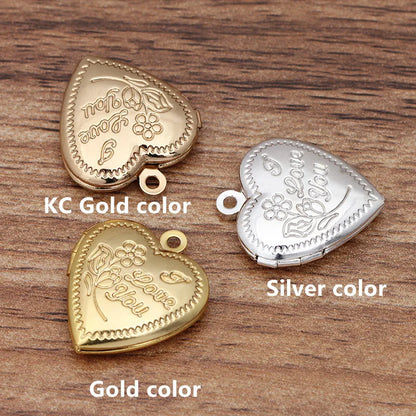 10 piezas de 18*22 mm de metal, latón, chapado en oro o plata, dijes de medallón con forma de corazón, colgante de medallón con foto para hacer joyas