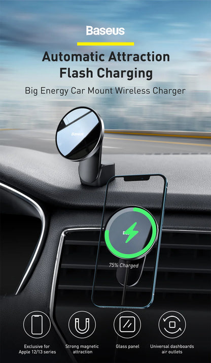 Baseus Car Mount Wireless Charger Magnetic Suction Dashboard Air Outlet Holder Wireless Charging for iPhone 12 13 Series