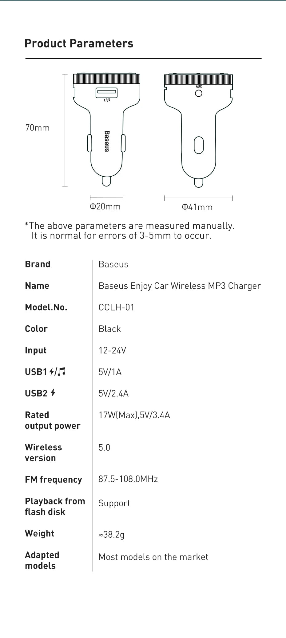 Transmisor FM Baseus para coche, adaptador de música con Bluetooth 5.0, cargador USB dual de 3,4 A, reproductor de MP3, radio, modulador FM