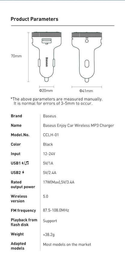 Transmisor FM Baseus para coche, adaptador de música con Bluetooth 5.0, cargador USB dual de 3,4 A, reproductor de MP3, radio, modulador FM