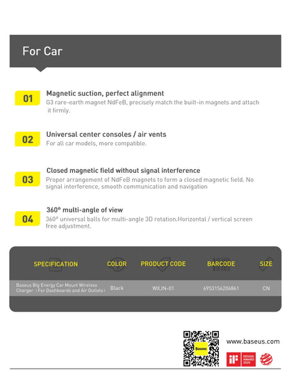 Baseus Car Mount Wireless Charger Magnetic Suction Dashboard Air Outlet Holder Wireless Charging for iPhone 12 13 Series