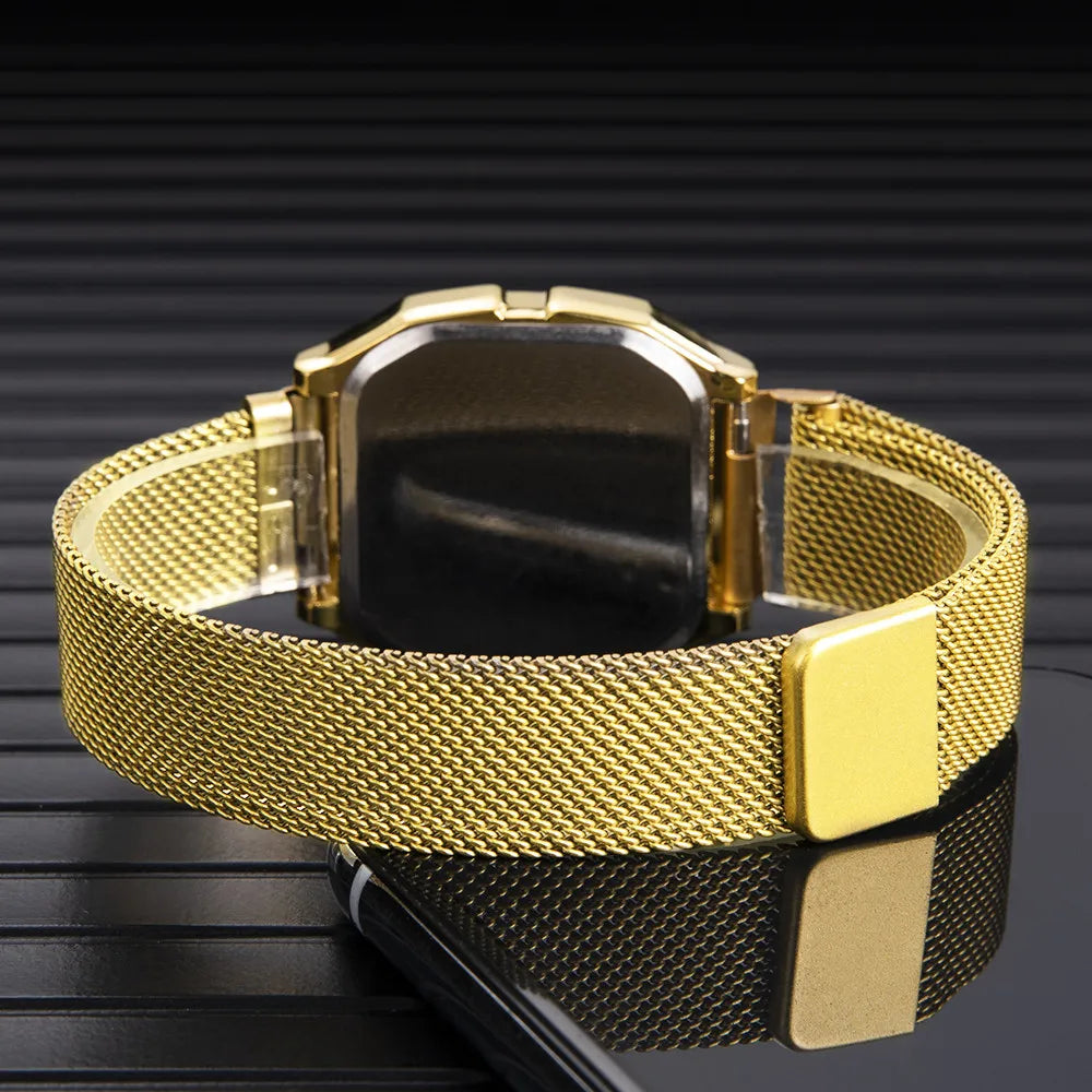 Simple Square LED Watch for Men Women Luxury Gold Men's Digital Watch Metal Mesh Strap Fashion Mens Electronic Watch Male Clock