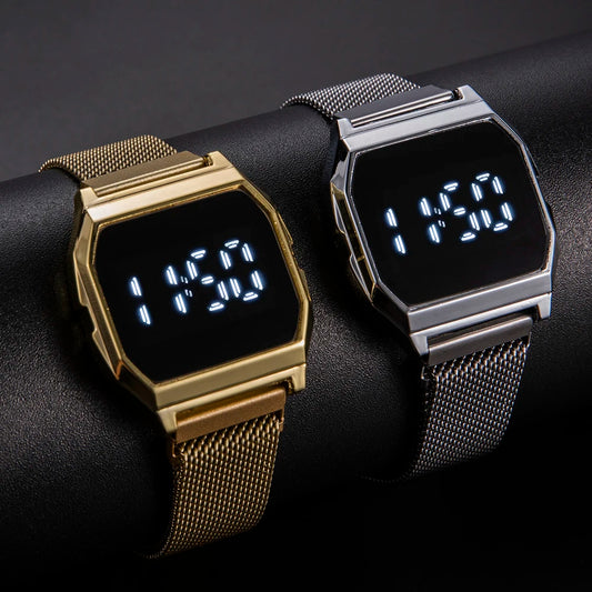 Simple Square LED Watch for Men Women Luxury Gold Men's Digital Watch Metal Mesh Strap Fashion Mens Electronic Watch Male Clock
