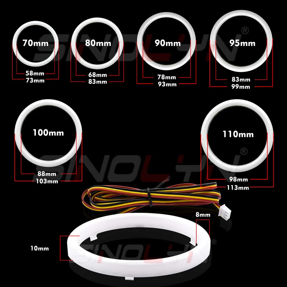 Sinolyn RGB Revolving Dynamic Cotton Angel Eyes Sequential Flowing Bluetooth -compatible APP Control 4 LED Rings 80/90/95/100mm