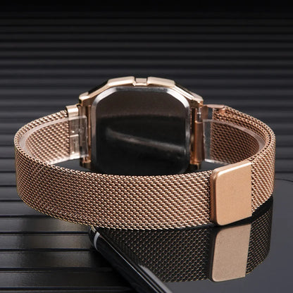Simple Square LED Watch for Men Women Luxury Gold Men's Digital Watch Metal Mesh Strap Fashion Mens Electronic Watch Male Clock
