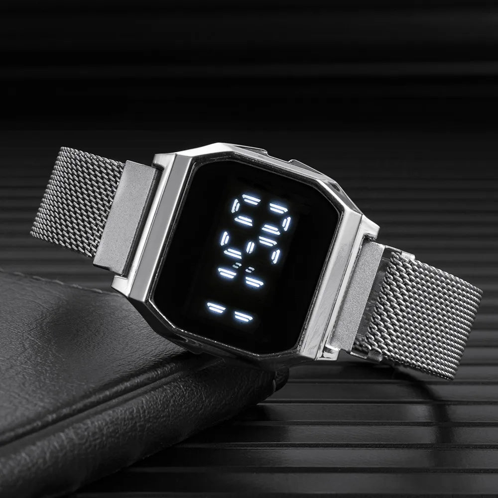 Simple Square LED Watch for Men Women Luxury Gold Men's Digital Watch Metal Mesh Strap Fashion Mens Electronic Watch Male Clock