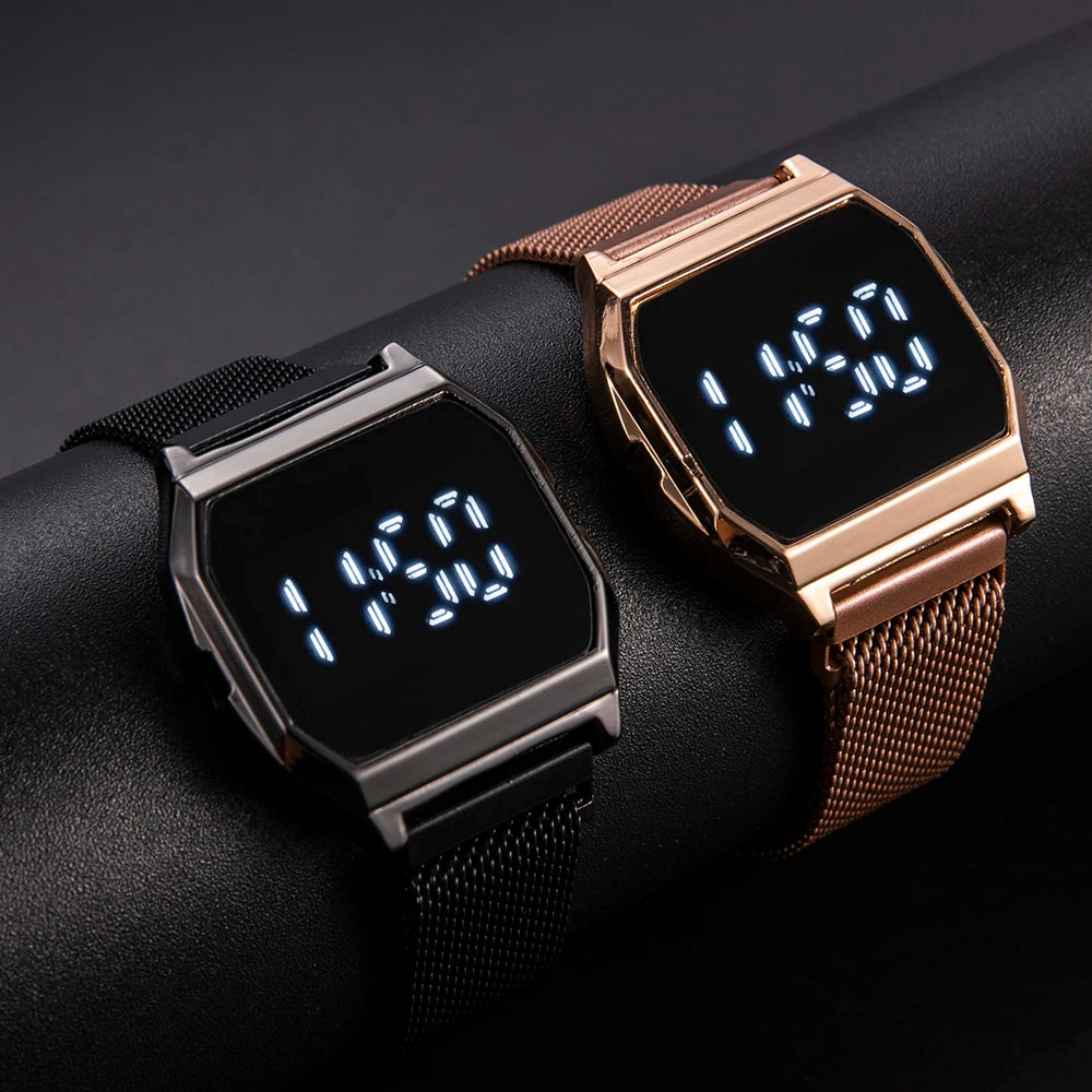 Simple Square LED Watch for Men Women Luxury Gold Men's Digital Watch Metal Mesh Strap Fashion Mens Electronic Watch Male Clock