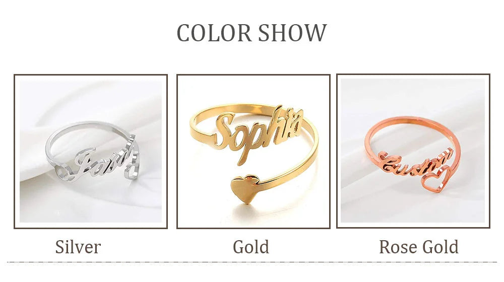 Personalized Custom Name Rings For Women Romantic Jewelry Stainless Steel Love Heart Adjustable Rings Wedding Couple Band Gift
