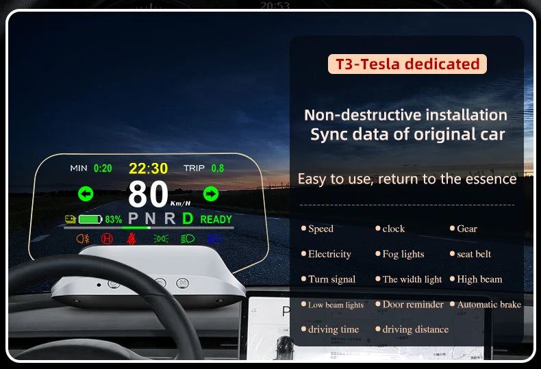 Adapt model3&Y heads-up display speed time power gear synchronization hd projection dashboard