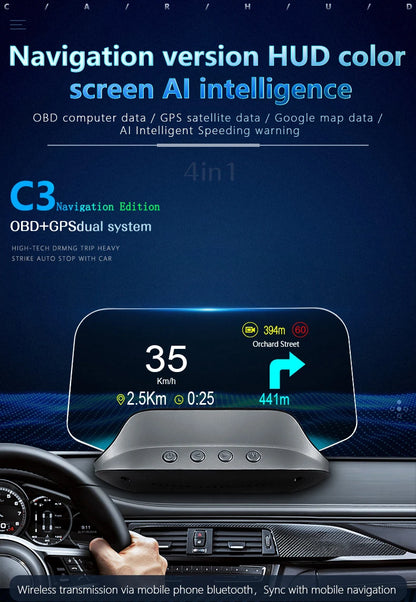 C3 Navigation Mirror  HUD Car Head up Display with OBD2 HD GPS Navigation Bluetooth Windshield Speed Projector Security Alarm